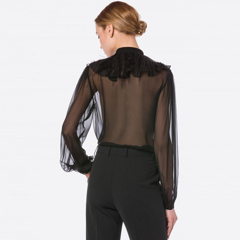 Stand Collar Ruffle Puff Long Sleeve Sheer Chiffon Shirt