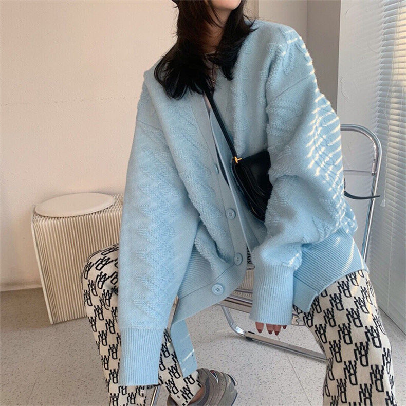 Stereoscopic V Neck Sweater Coat Women Long Loose