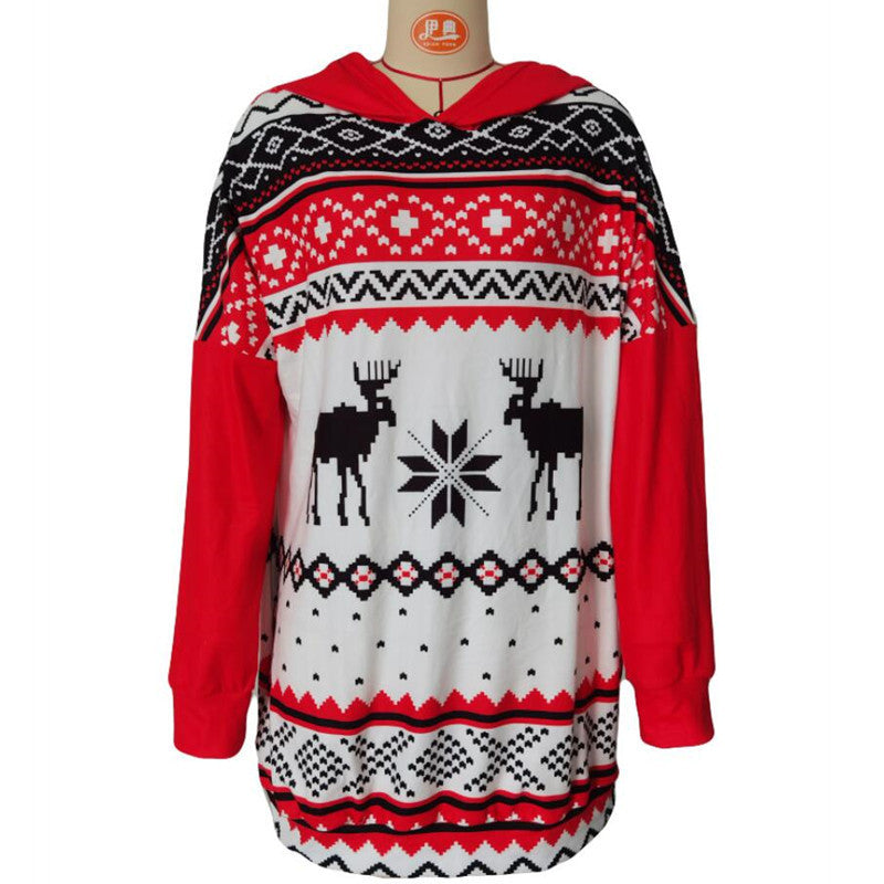 Christmas Elk Print Long-sleeved Hooded Sweater Women