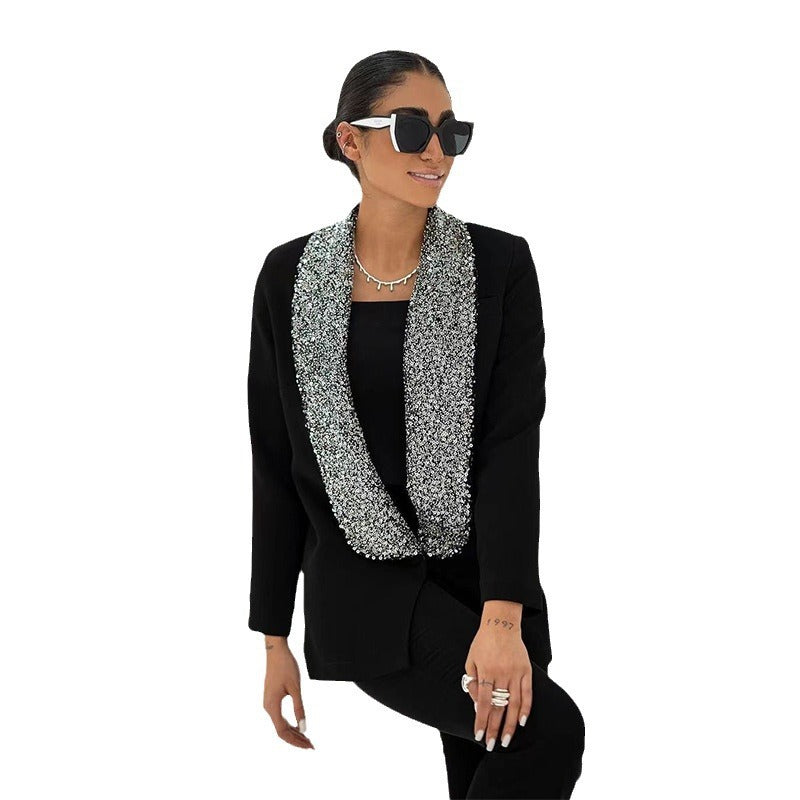 Black Shiny Sequined Deep V-neck Blazer