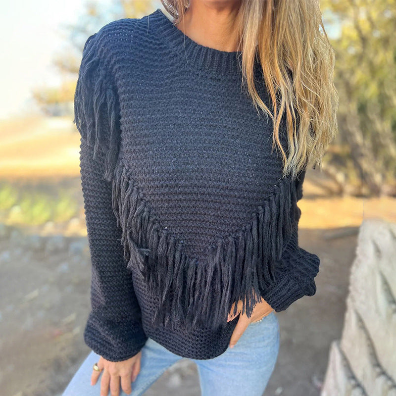 Loose-fitting Long Sleeves Tassel Knitted Sweater