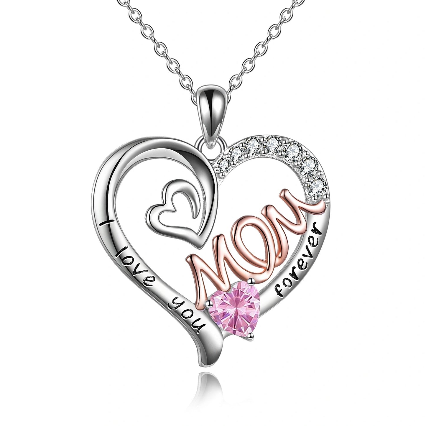 Mom Necklace S925 Sterling Silver Heart CZ Pink Stone