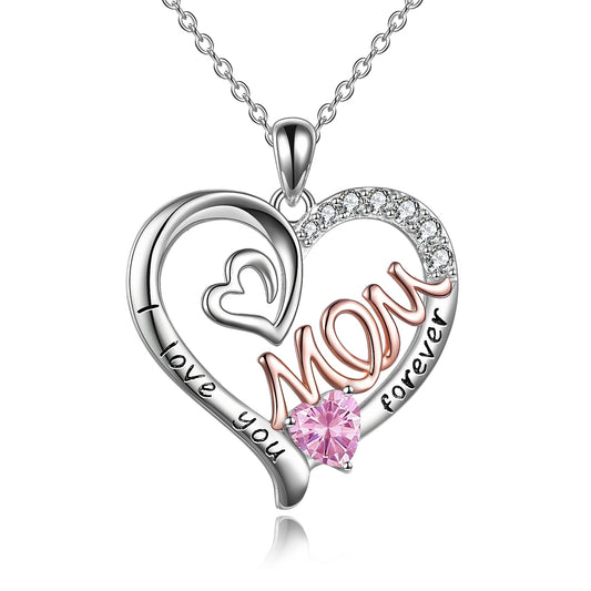 Mom Necklace S925 Sterling Silver Heart CZ Pink Stone