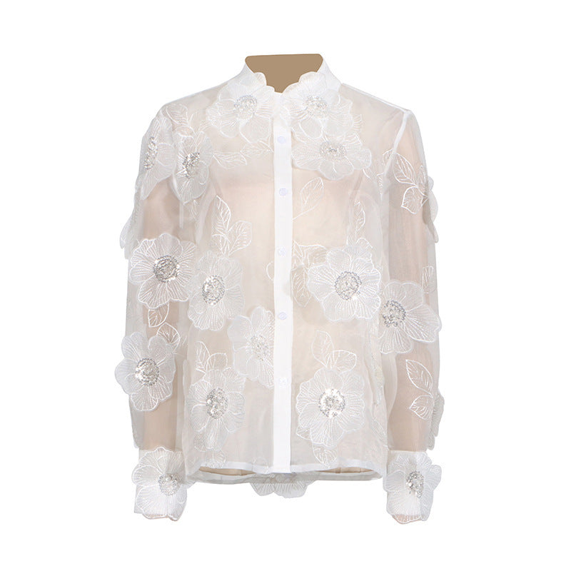 Organza Embroidery Three-dimensional Flowers Sequin Stitching  Women's Shirt