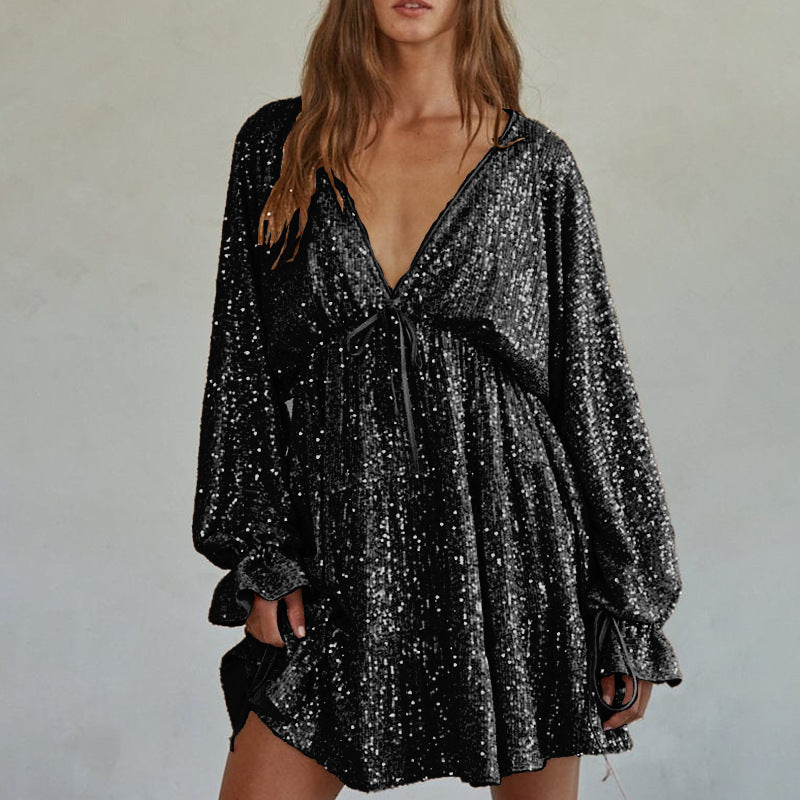 Lace-up V-neck Sequined Women's Drape Dress