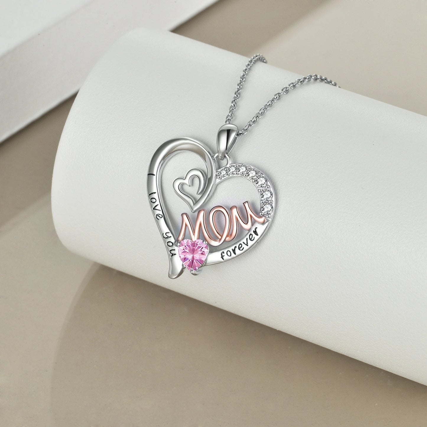 Mom Necklace S925 Sterling Silver Heart CZ Pink Stone