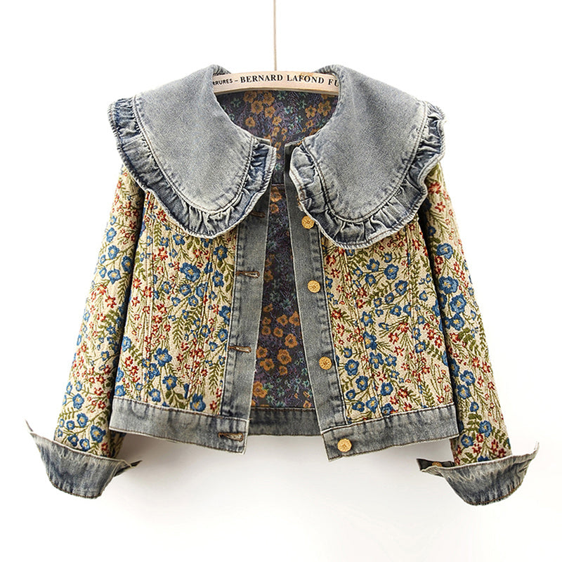 Super Nice Jacquard Long Sleeve Doll Collar Denim Jacket