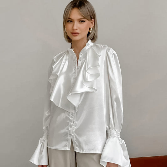 Ruffled  Stand Collar Single-breasted Shirt