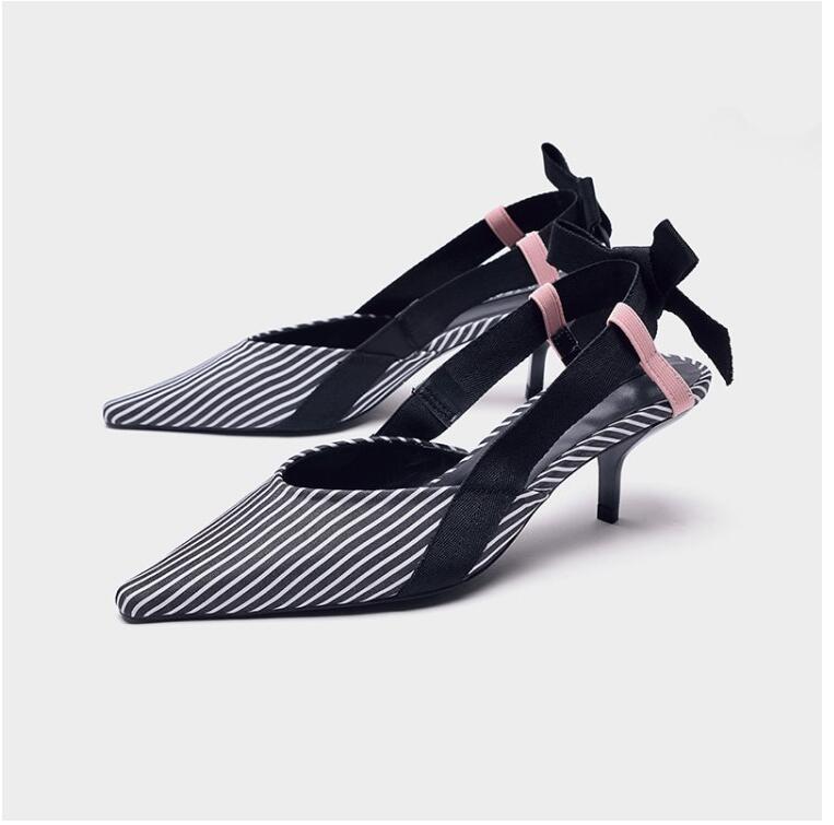 Boussac Stripe Kitten Heel Women Mules Pointed Toe Bowtie