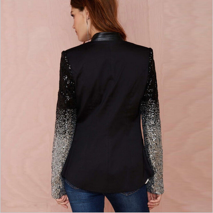 Women Thin Jacket Coat Spring Autumn Long Sleeve Lapel Fashion Silver Black Sequin Elegant Slim Work Blazers Suit feminino