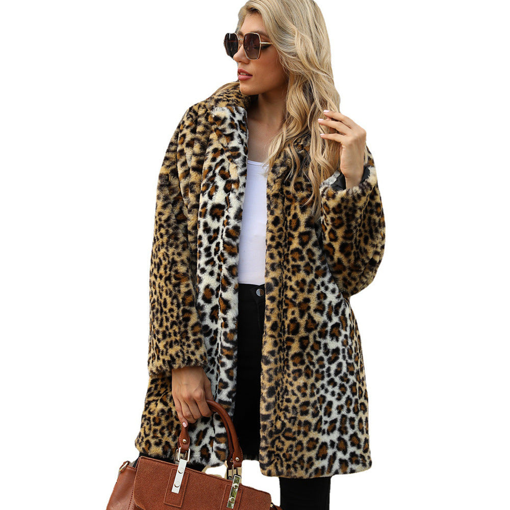 Leopard Print Stud For Autumn And Winter Suit Collar Artificial Fur Coat