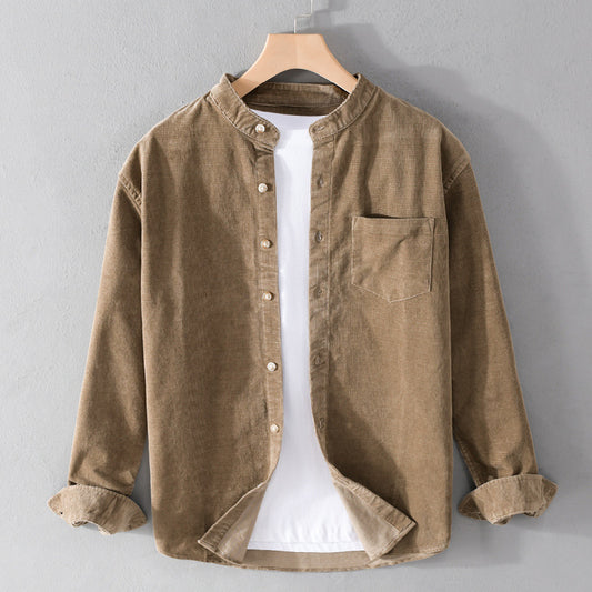 Men's Casual Stand Collar Retro Corduroy Long-sleeved Shirt