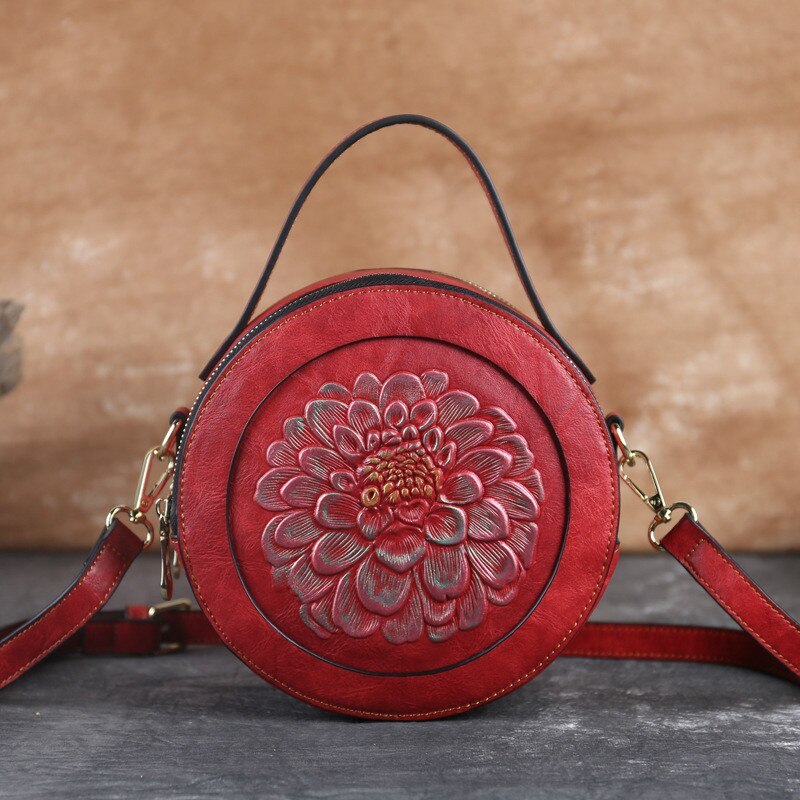 Vintage Embossed Small Round Bag, Shoulder Messenger Bag