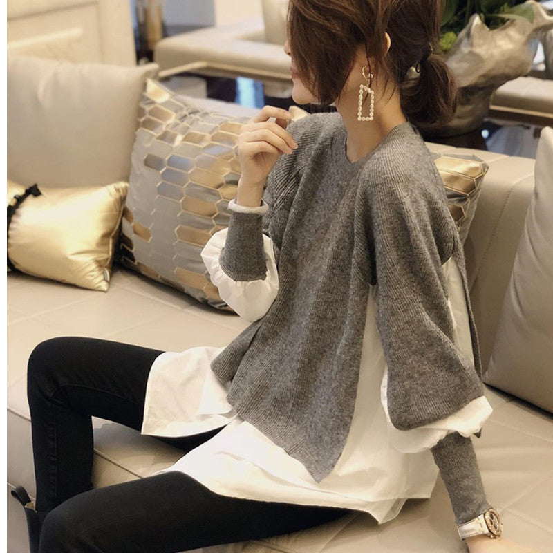 Women Sweater Splicing Shirt Fake Two-piece Set