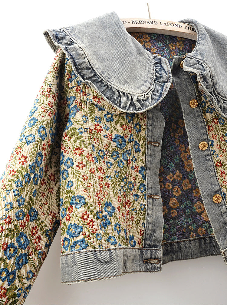 Super Nice Jacquard Long Sleeve Doll Collar Denim Jacket