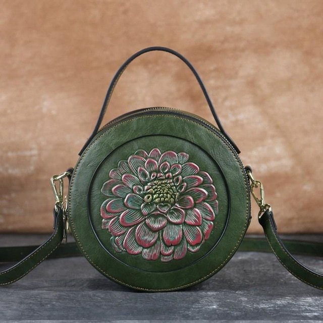 Vintage Embossed Small Round Bag, Shoulder Messenger Bag