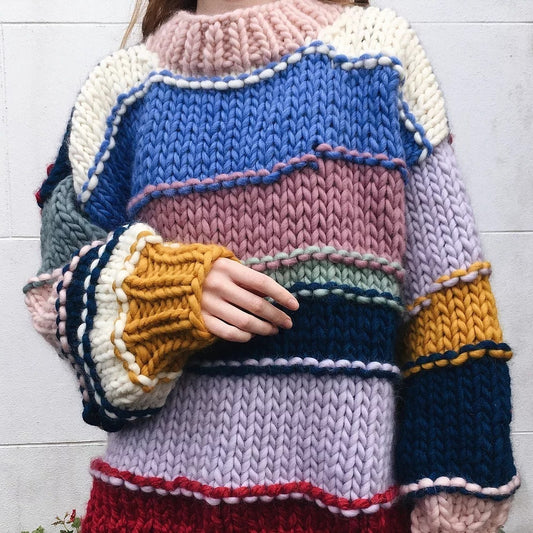 Hand-woven Rainbow Striped Contrast Color Sweater