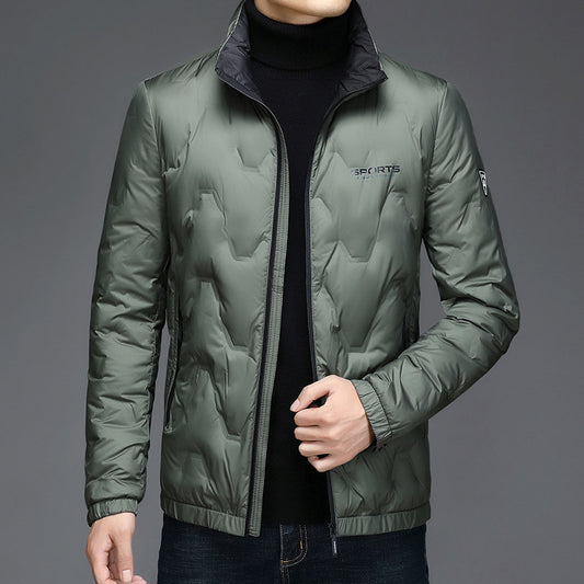 Geometric Embossed Letters Stand-Up Collar Down Jacket