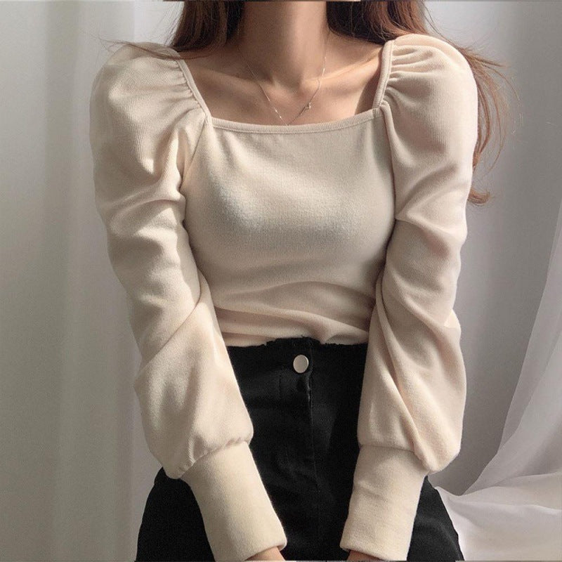 Design sense puff sleeve square neck sweater women