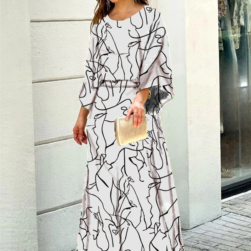 2pcs Women's Dress  Printed  Top And High Waist Long Skirt