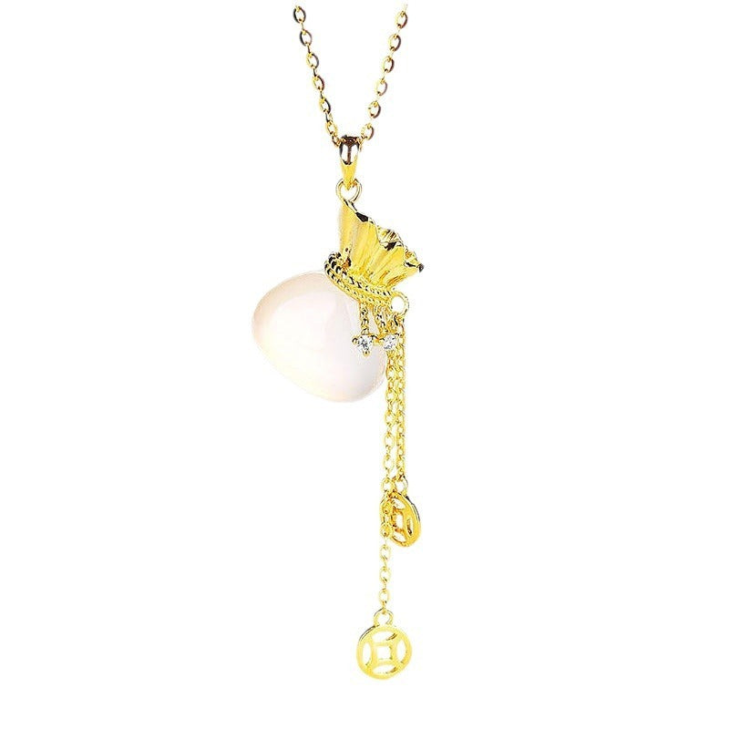 925 Sterling Silver Necklace With White Chalcedony Lucky Bag Tassel Pendant