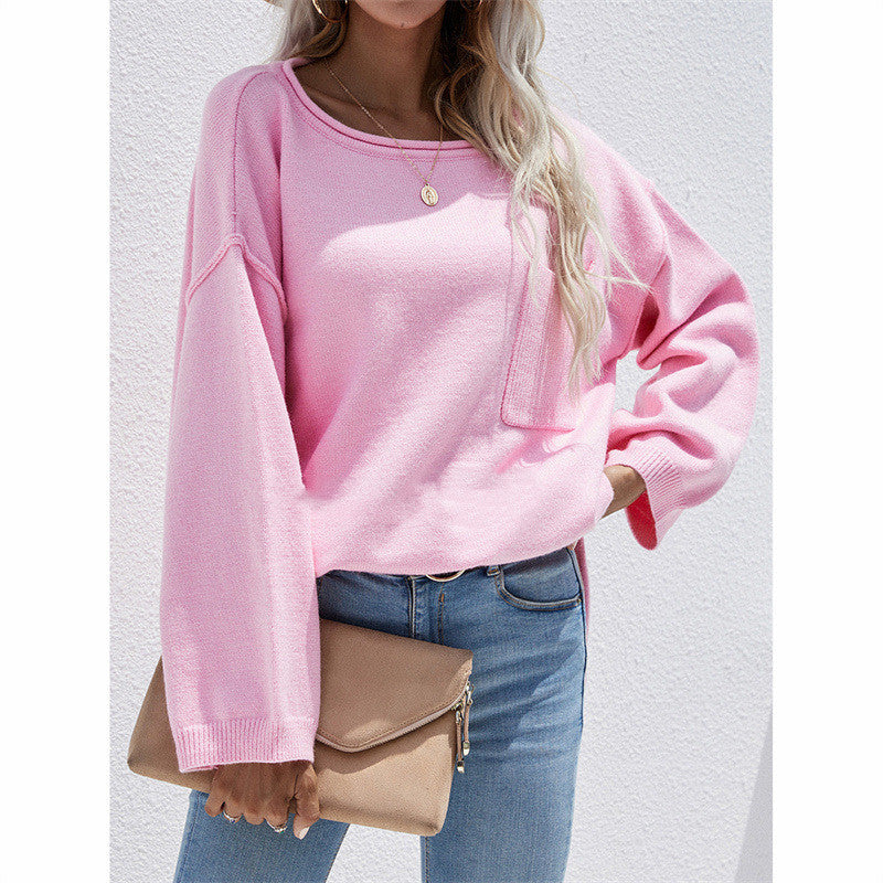 Women's Solid Color Pullover Loose Round Neck Big Pocket Sweater