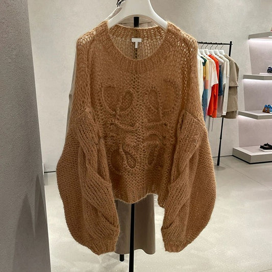 Fried Dough Twist Round Neck Hollow Wide Sleeve Sweater Women