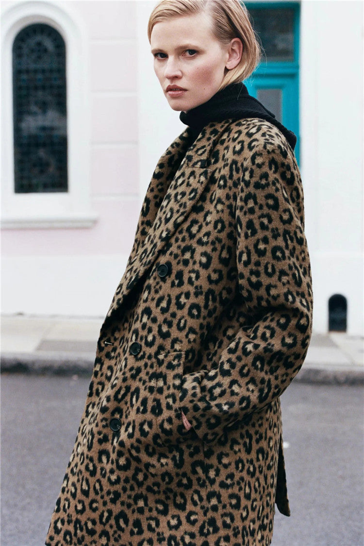 Sexy Leopard Print  Mid-Length Woolen Jacket