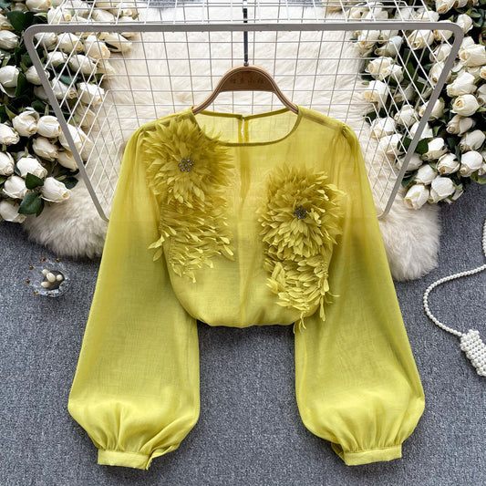 Design Three-dimensional Flower Slim-fit Puff Sleeve  Shirt Women