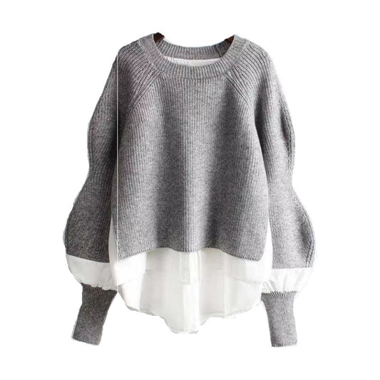 Women Sweater Splicing Shirt Fake Two-piece Set