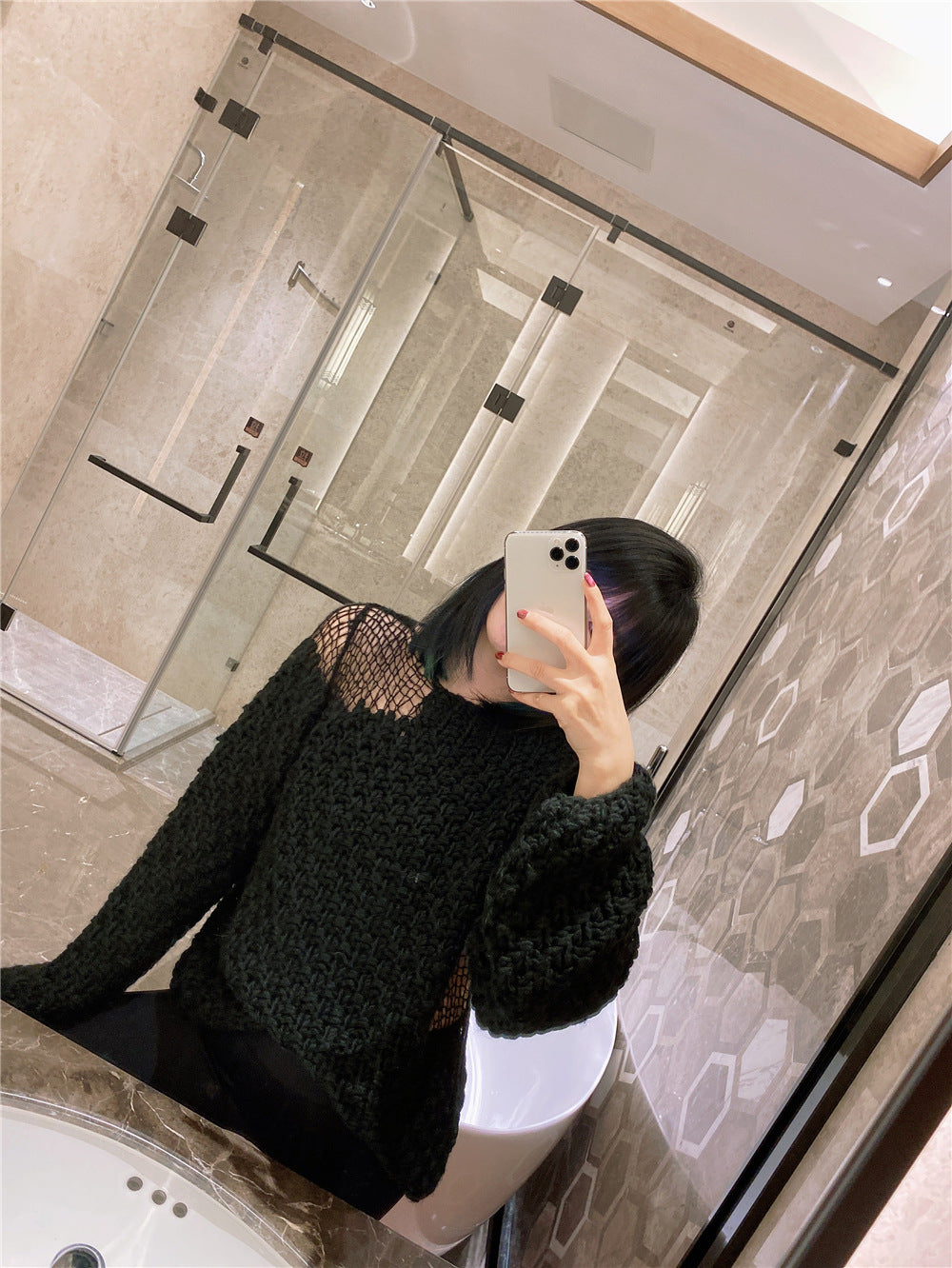 New Openwork Mesh Stitching Thick-knit Knitted Long-sleeved Sweater