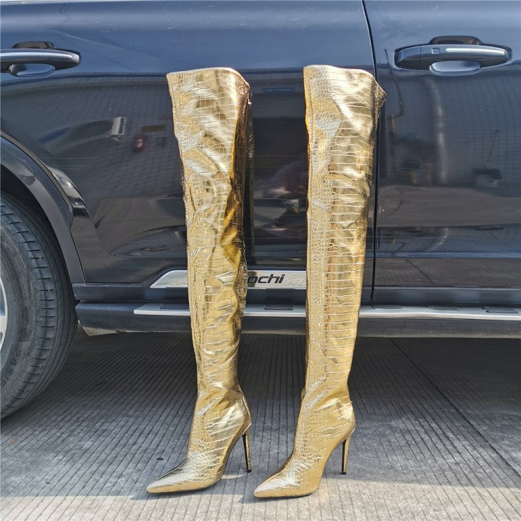 Fashion Gold Over The Knee Back Zipper High Heels