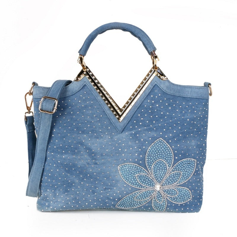 Women's V-shaped Diamond Flower Denim Bag