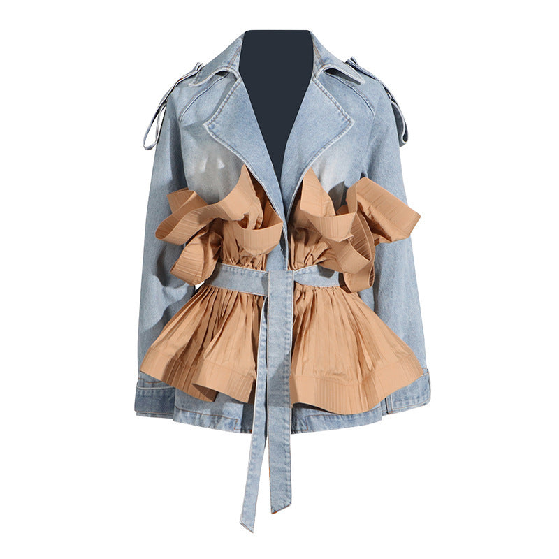 Design Lapel Contrast-color Ruffled Pleated Lace-up Women's Cowboy Coat