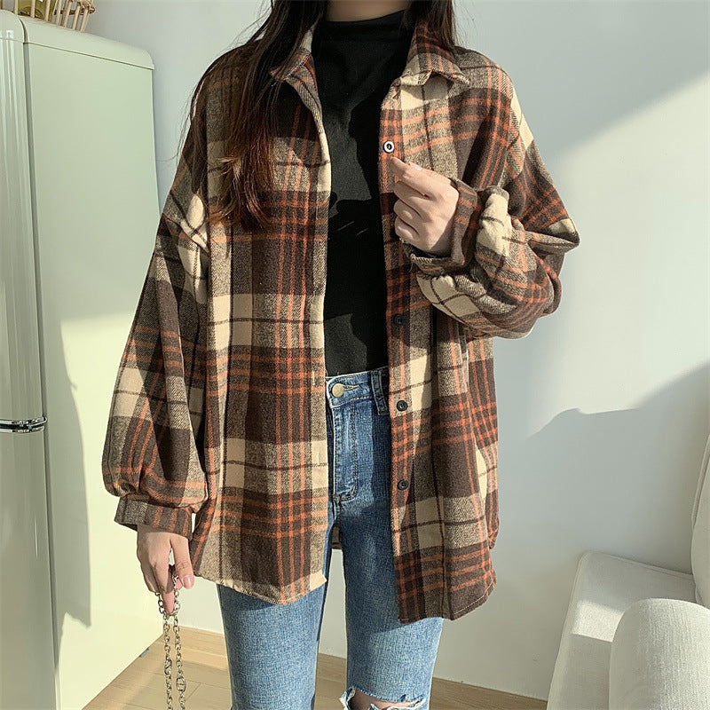 Retro Brushed Plaid Long-sleeved Shirt For Women