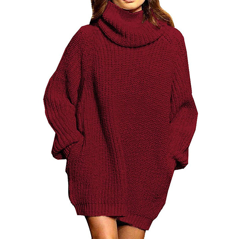 Women's Long-sleeved High-neck Pocket Mid-length Dress Sweater