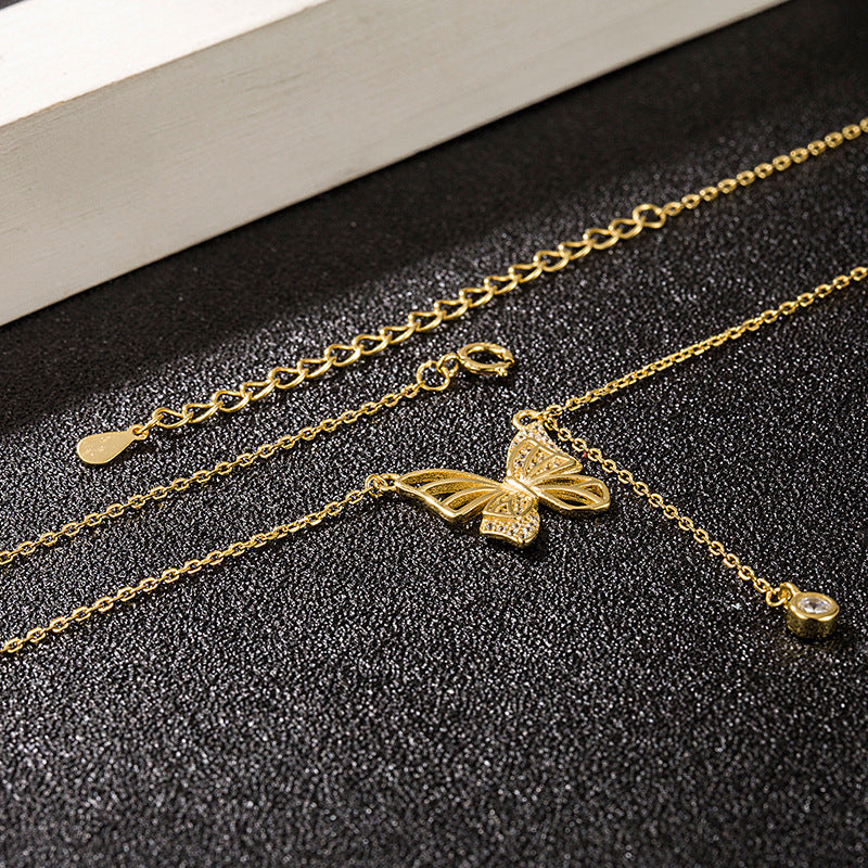 S925 Silver Hollow Butterfly Necklace With Rhinestones