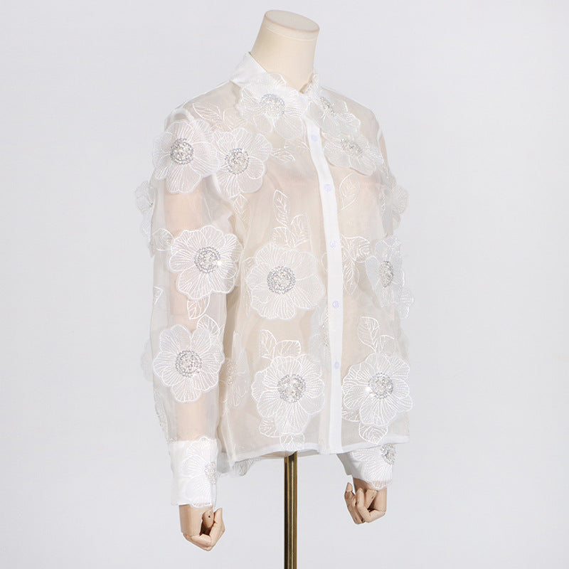 Organza Embroidery Three-dimensional Flowers Sequin Stitching  Women's Shirt