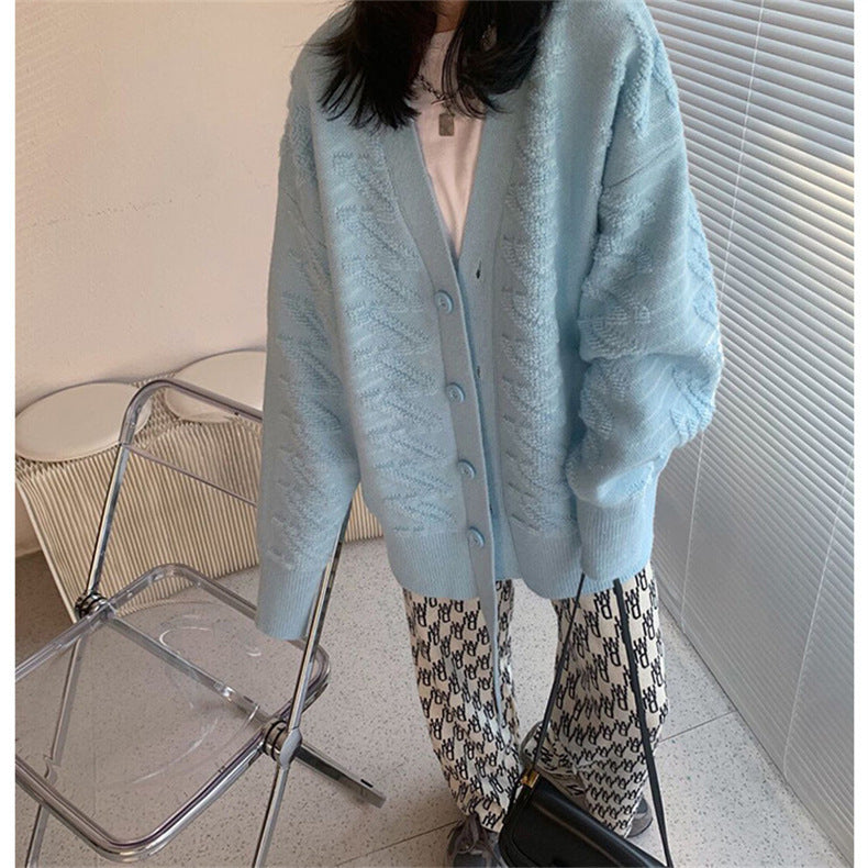 Stereoscopic V Neck Sweater Coat Women Long Loose