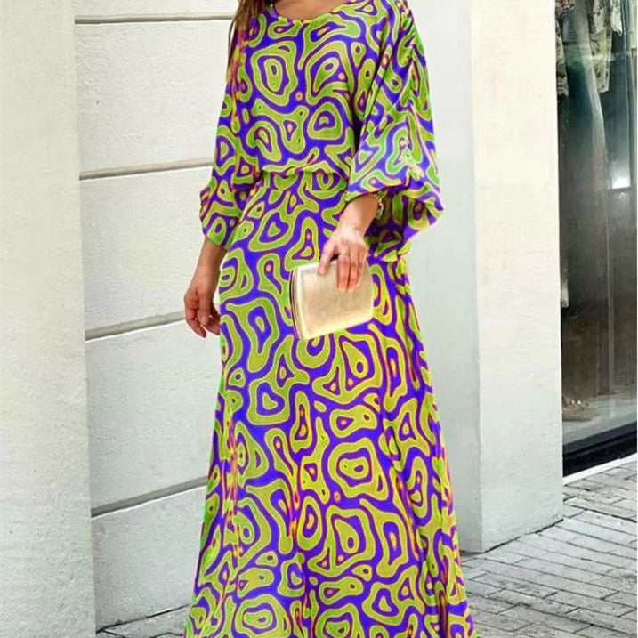 2pcs Women's Dress  Printed  Top And High Waist Long Skirt