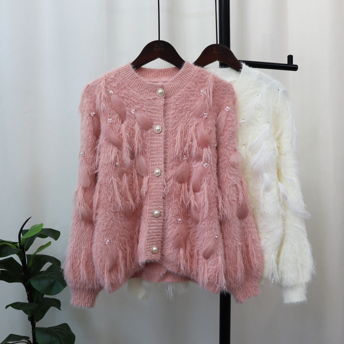 Artificial Mink Fur Gentle Design Feather Beaded Tassel Knitted Cardigan