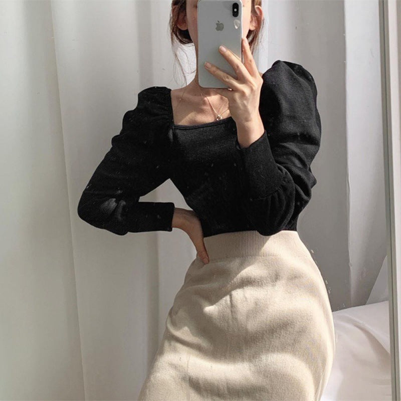 Design sense puff sleeve square neck sweater women