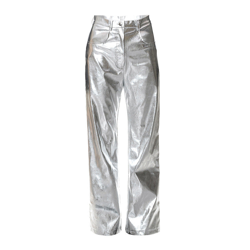 PU Leather Pocket Zipper  Casual Trousers For Women