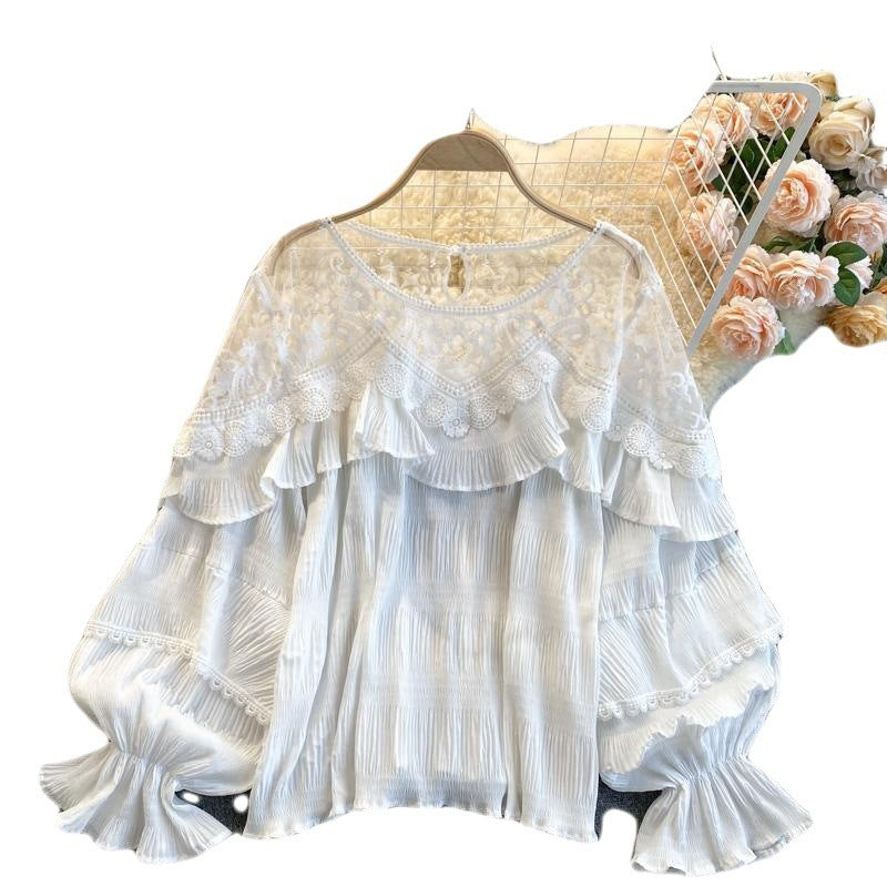 Stitching Lace Ruffled Puff Sleeve Chiffon Shirt