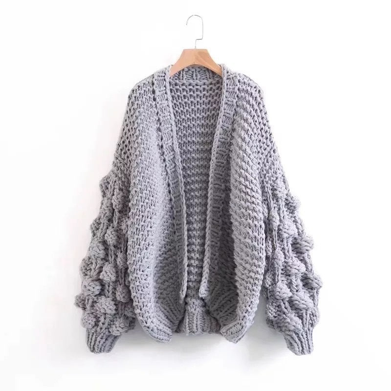 Three-dimensional Solid Color Ball  Lantern Sleeve Knitted Sweater