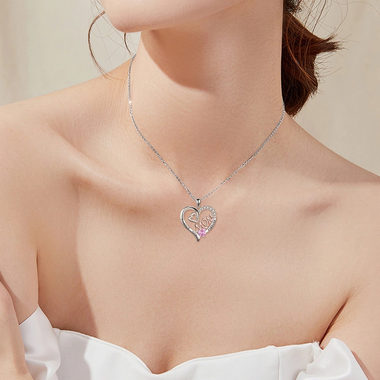 Mom Necklace S925 Sterling Silver Heart CZ Pink Stone