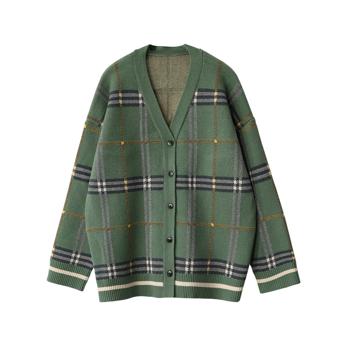 Vintage Loose V-neck Check Sweater Coat Women