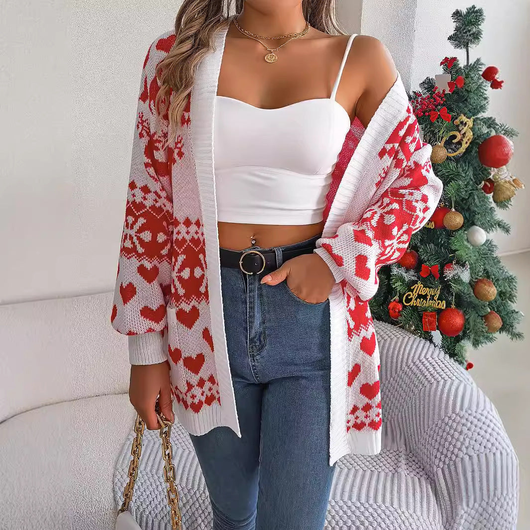 Christmas Clothes Women's Open Front Cardigan Knitwear Lantern Sleeve