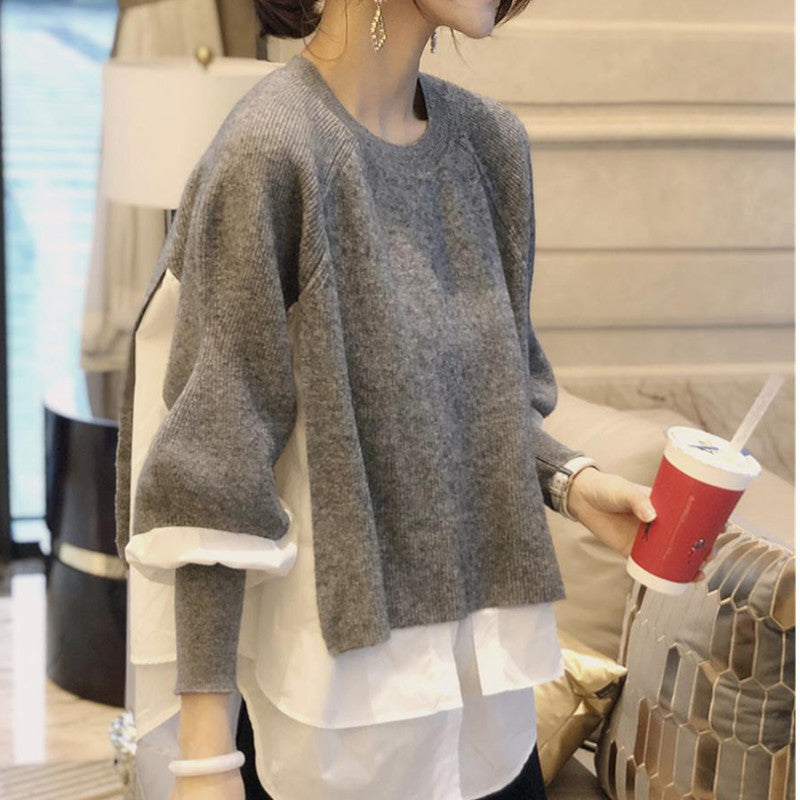 Women Sweater Splicing Shirt Fake Two-piece Set