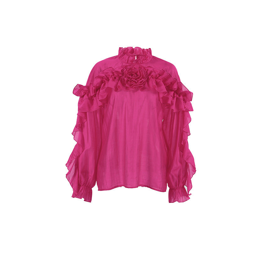 Ruffled Graceful Stand Collar Tencel Shirt